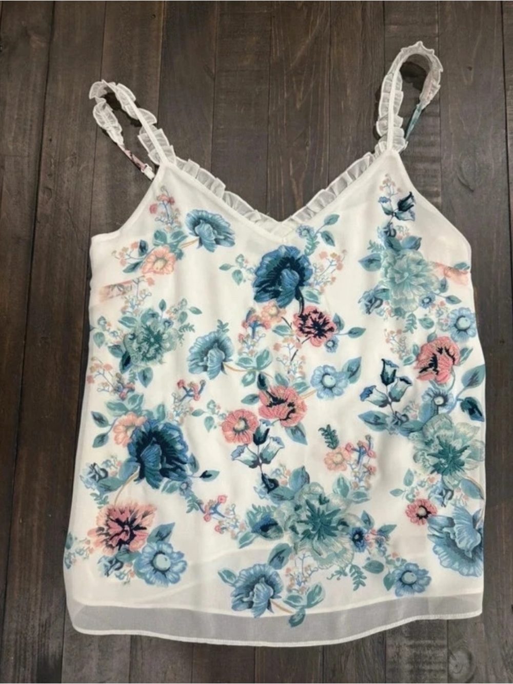 Floral Lace-Trim Camisole Tank Top - White with Blue & Pink Flowers NWT